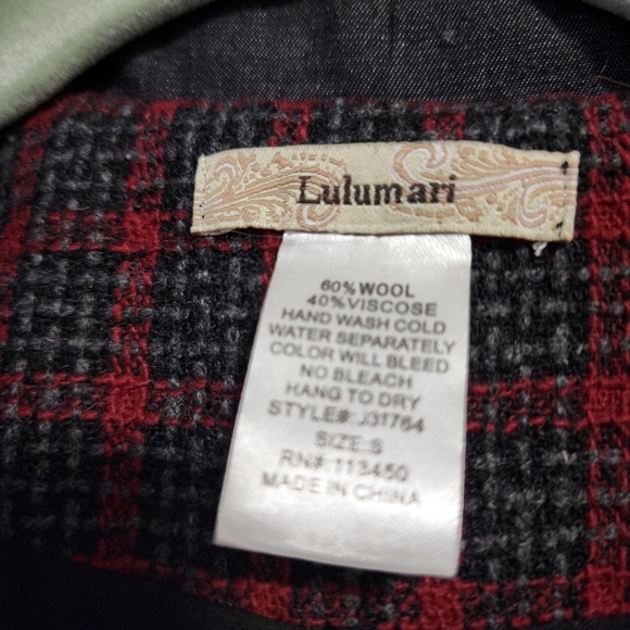 LULUMARI plaid trench coat dark academia snap button long line jacket grey red S - Picture 6 of 8